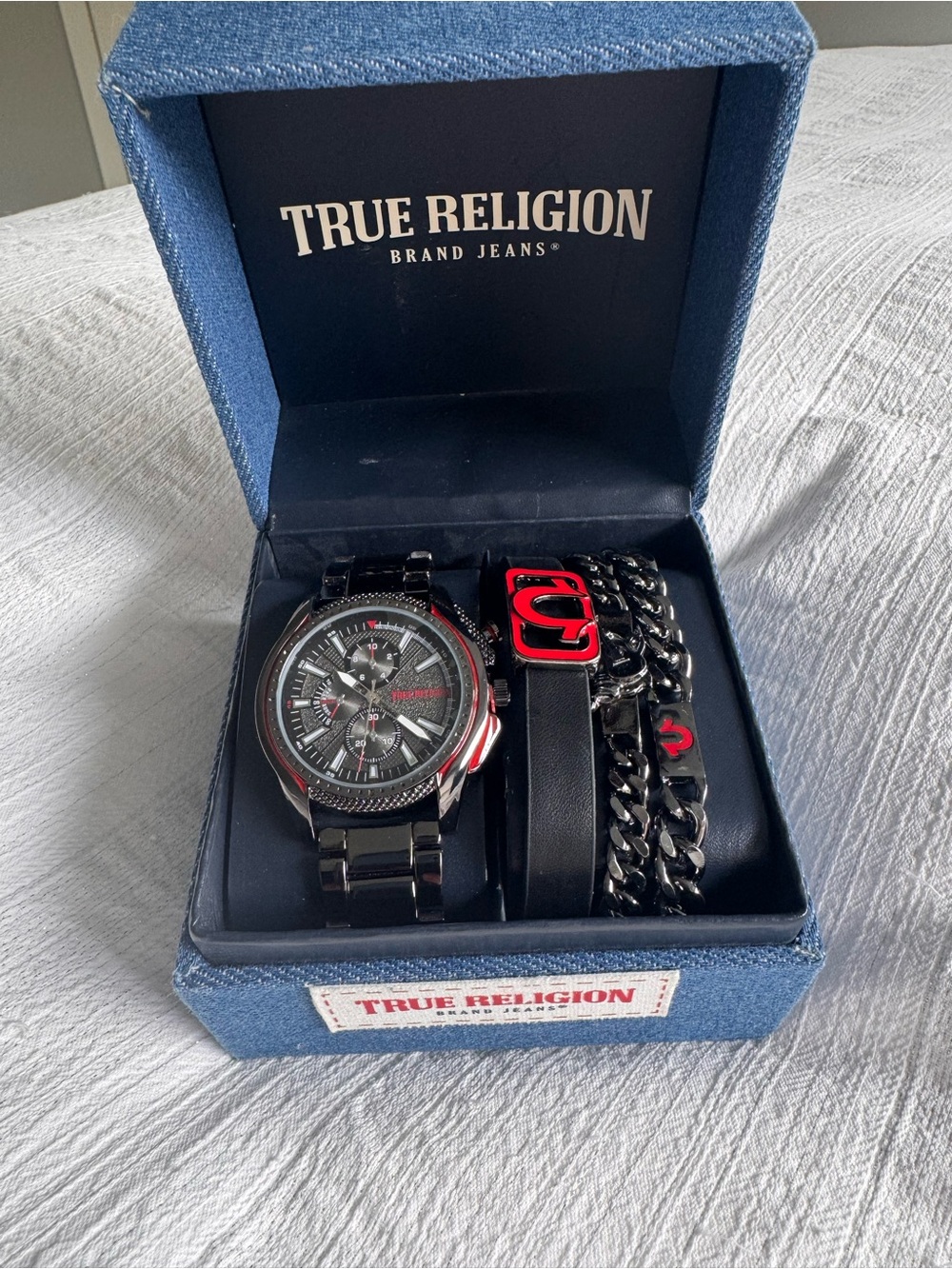 True Religion Black and Red Men’s Watch and Bracelet Set